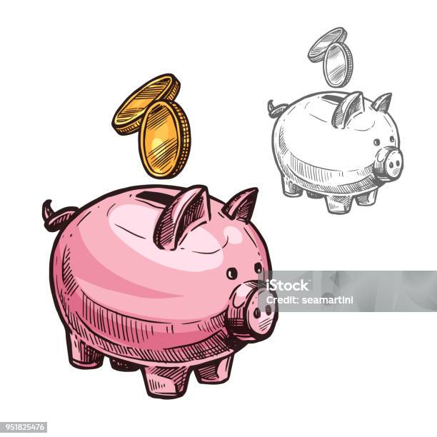 Vector Sketch Piggy Bank And Golden Coins Icon Stock Illustration - Download Image Now - Piggy Bank, Illustration, Sketch