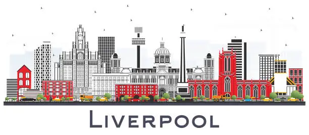 Vector illustration of Liverpool Skyline with Color Buildings Isolated on White.