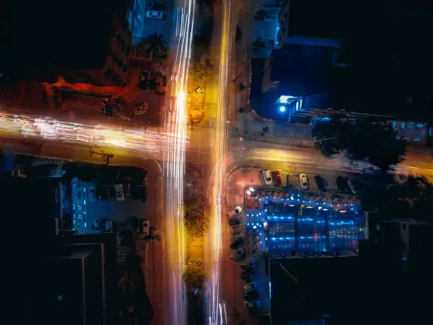 Aerial photo of long exposure of car lights at night in Barranquilla, Colombia.