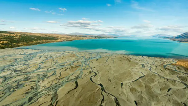 Aerial view towards Mt Cook from the northern end of Lake Pukaki, New Zealand