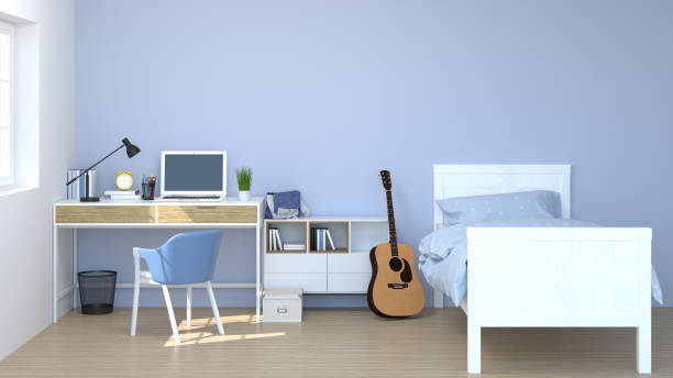 istock bedroom have desk,cabinet,learning materials, notebook,sofa in front of  wall empty the room 3d illustration home interior designs background 951828598