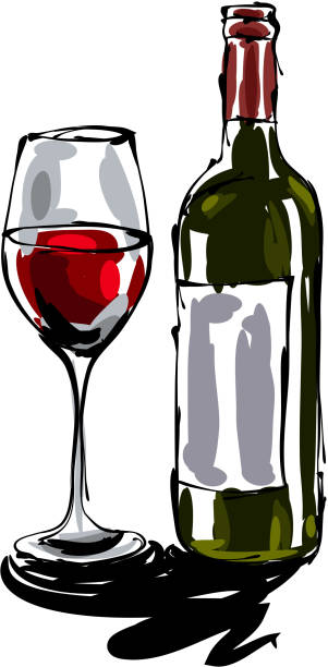 ilustrações, clipart, desenhos animados e ícones de copo de vinho e desenho do frasco - vector painterly effect square composition