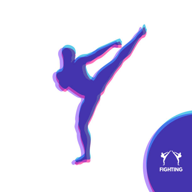 ilustrações de stock, clip art, desenhos animados e ícones de kickbox fighter preparing to execute a high kick. silhouette of a fighting man. design template for sport. emblem for training. vector illustration. - karate kickboxing martial arts silhouette