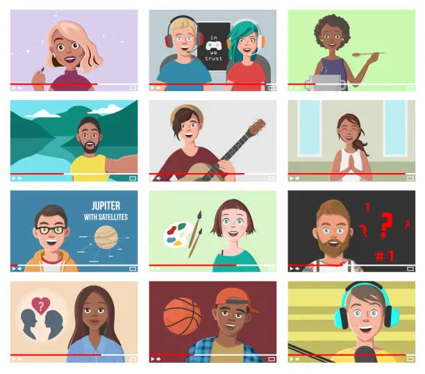Vector illustration of Set Of Different People On Internet Videos