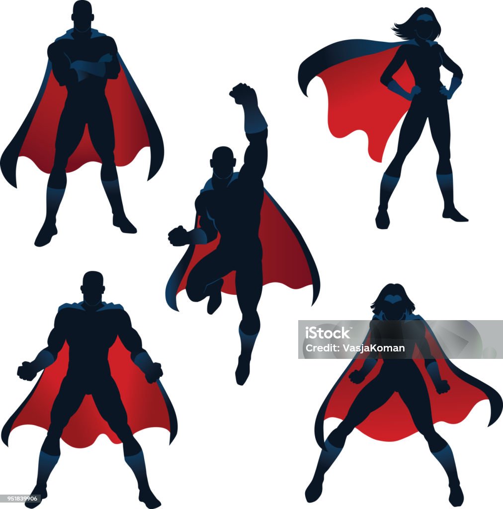 superheroes silhouettes in red and blue three male and two female superheroes in battle poses Superhero stock vector