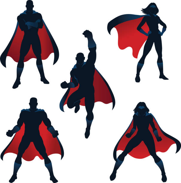 superheroes silhouettes in red and blue three male and two female superheroes in battle poses superhero illustrations stock illustrations