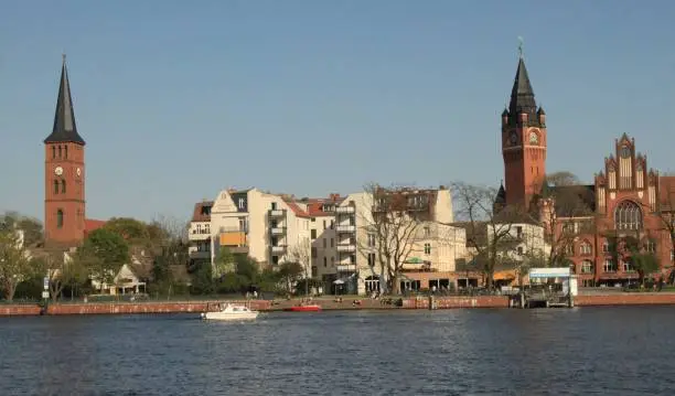 View over the Dahme to the town hall and town church Köpenick