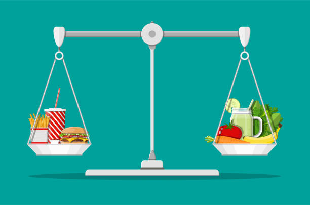 Greasy cholesterol vs. vitamins food Scales with fast food and organic products. Diet, nutrition, fitness and weight loss or overweight fat. Greasy cholesterol vs. vitamins from fruits vegetables. Food choice. Flat vector illustration healthy weight stock illustrations