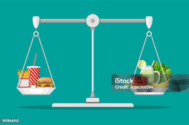 Greasy Cholesterol Vs Vitamins Food Stock Illustration - Download Image Now - Weight Scale, Food, Healthy Eating