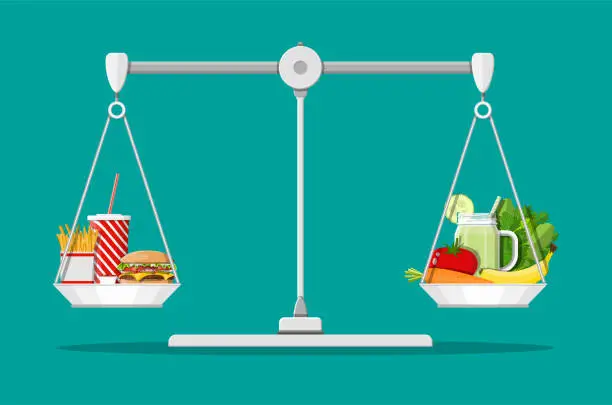 Vector illustration of Greasy cholesterol vs. vitamins food