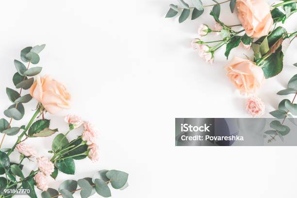 Rose Flowers And Eucalyptus Branches Flat Lay Top View Stock Photo - Download Image Now