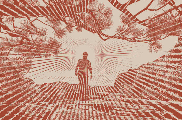 Engraving illustration of a young man hiking Angels Landing Trail. Zion National Park, Utah.