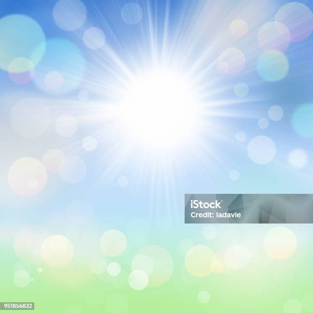 Abstract Spring Summer Bokeh Background With Sun Blue Sky And Green Meadow Stock Illustration - Download Image Now