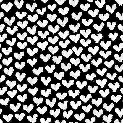 Carelessly painted irregular black hearts on black background. \nThick, not mixed with water oil paint applied directly from the tube to the clean surface of dark card. \nThe paint was applied by hand - zoom to see visible irregular uneven edges and 3D effect of the shape of the hearts. Modern original hand-painted pattern.\n\nSEAMLESS PATTERN - duplicate it vertically and horizontally to get unlimited area without visible connections.\nHIGH DETAILED ARTWORK - enlarge the picture to see  unique details. \n\nArtistic work with a very wide application - great design for your website or card design background.