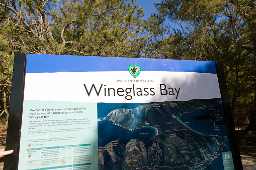 Wineglass Bay, Tasmania, Australia: March 29, 2018: Welcome sign in Freycinet National Park erected by Tasmania Parks and Wildlife Service with directions and information about the location.