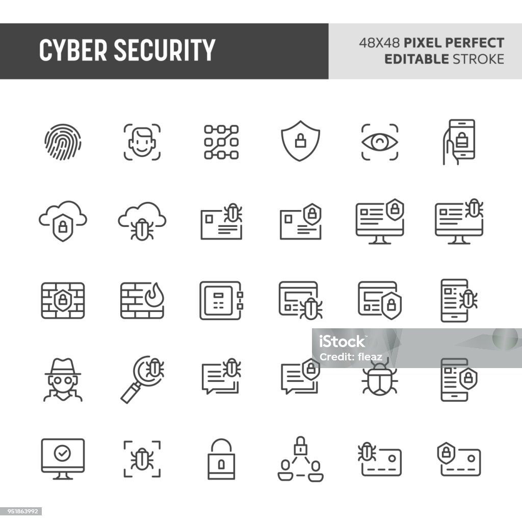 Cyber Security Vector Icon Set 30 thin line icons associated with cyber security with fingerprint recognition, face ID, mobile, cloud & computer security are included in this set. 48x48 pixel perfect vector icon with editable vector. Icon Symbol stock vector