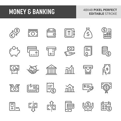 30 thin line icons associated with money and banking with symbols such as money related items, banking and financial are included in this set. 48x48 pixel perfect vector icon with editable stroke.