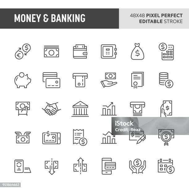 Money Banking Vector Icon Set Stock Illustration - Download Image Now - Icon Symbol, Banking, Bank - Financial Building