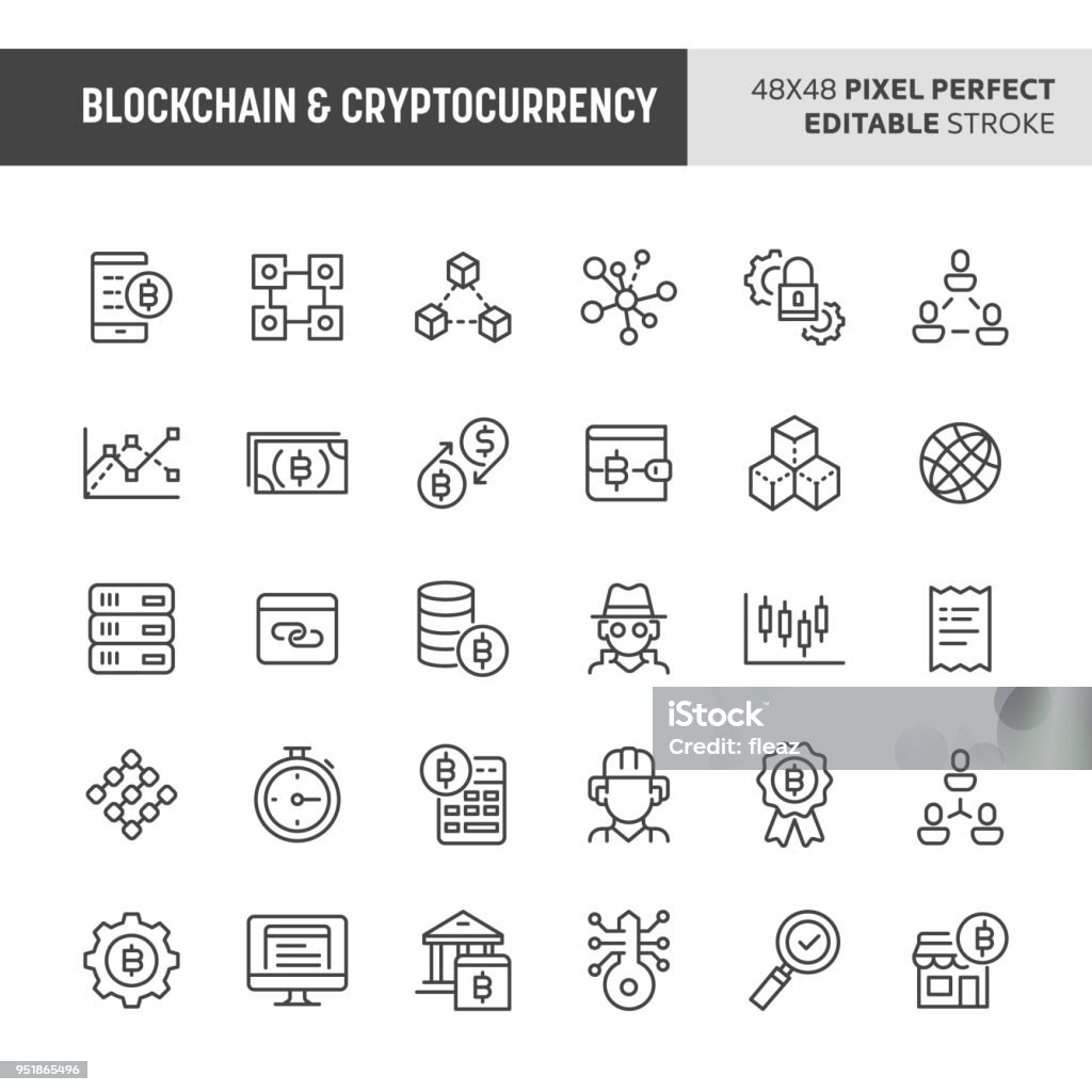 Blockchain & Cryptocurrency Vector Icon Set 30 thin line icons associated with blockchain and cryptocurrency with symbols such as digital asset, encryption, transaction and security are included in this set. 48x48 pixel perfect vector icon with editable stroke. Icon Symbol stock vector