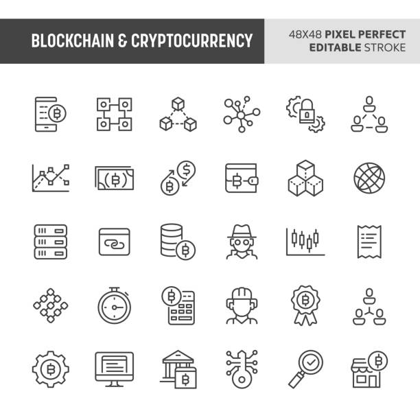 Blockchain & Cryptocurrency Vector Icon Set 30 thin line icons associated with blockchain and cryptocurrency with symbols such as digital asset, encryption, transaction and security are included in this set. 48x48 pixel perfect vector icon with editable stroke. blockchain icons stock illustrations