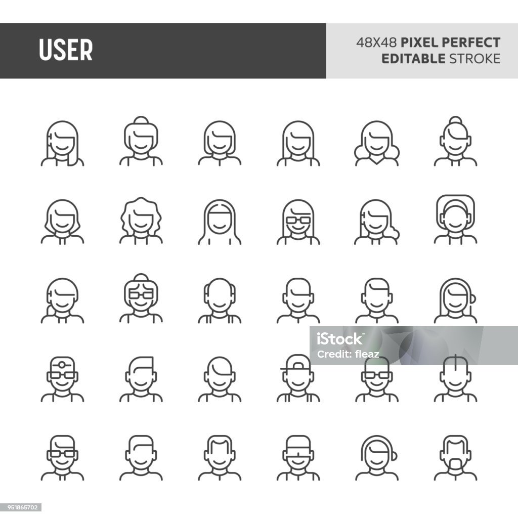 User Vector Icon Set 30 thin line icons associated with users and avatar with different types of faces and hair of people are included in this set. 48x48 pixel perfect vector icon with editable stroke. Icon Symbol stock vector