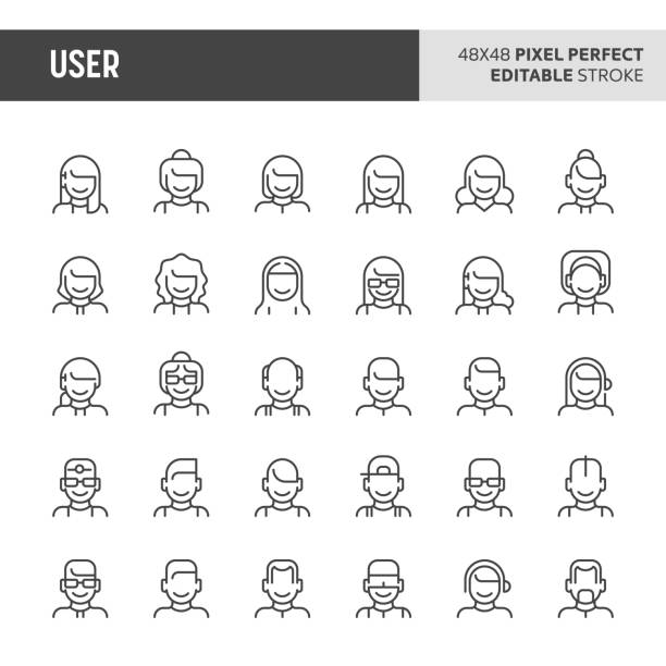 User Vector Icon Set 30 thin line icons associated with users and avatar with different types of faces and hair of people are included in this set. 48x48 pixel perfect vector icon with editable stroke. generic description photos stock illustrations