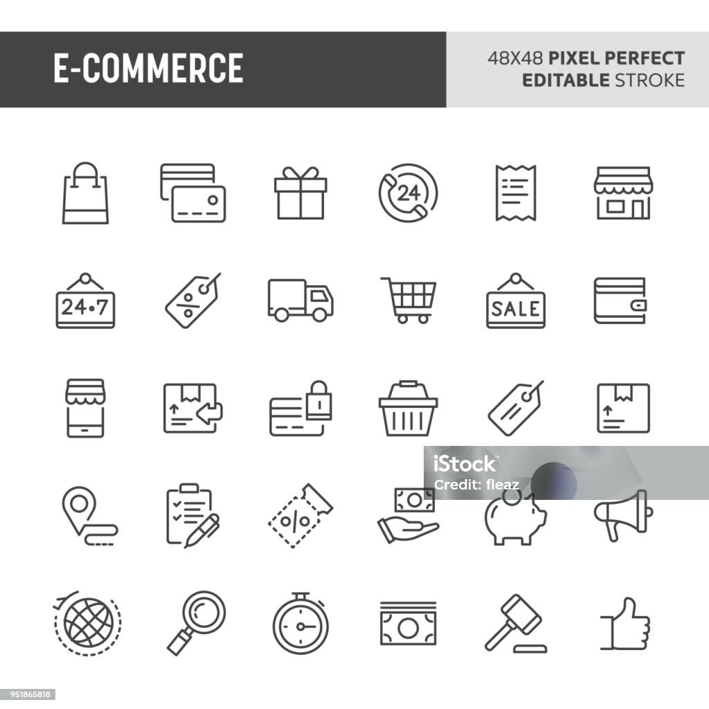 E-commerce Vector Icon Set 30 thin line icons associated with store and e-commerce with symbols such as store object, payment method and shipping are included in this set. 48x48 pixel perfect vector icon with editable stroke. Icon Symbol stock vector