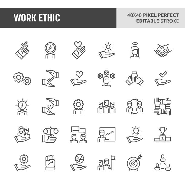 Work Ethic Vector Icon Set 30 thin line icons associated with employment and work ethic with symbols such as teamwork, morality, proficiency, optimism and empathy are included in this set. 48x48 pixel perfect vector icon with editable stroke. respect stock illustrations
