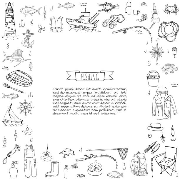 Fishing icons set Hand drawn doodle Fishing icons set. Vector illustration. Cartoon catching fish equipment elements collection: Rod, Baits, Spinning, Lure, Inflatable Boat, Yacht, Lighthouse, Cloth, Safety jacket. fishing illustrations stock illustrations