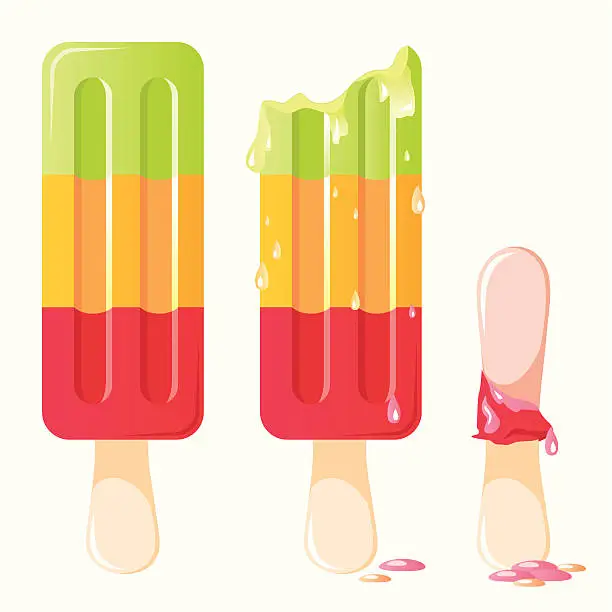 Vector illustration of Fruit colored ice cream bars at different stages of melting