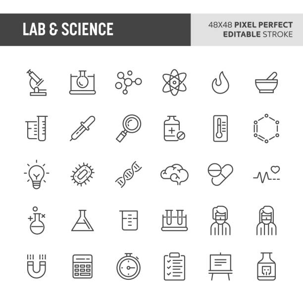 Lab & Science Vector Icon Set 30 thin line icons associated with lab and science with symbols such as laboratory equipment, research and experiments are included in this set. 48x48 pixel perfect vector icon with editable stroke. physics stock illustrations