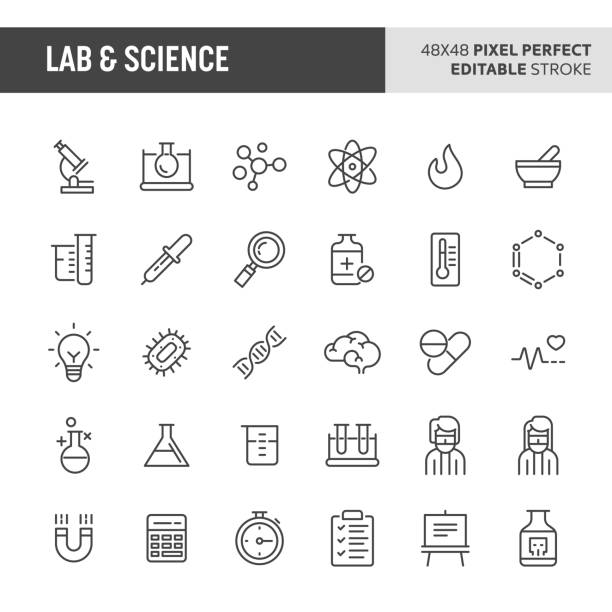 Lab & Science Vector Icon Set 30 thin line icons associated with lab and science with symbols such as laboratory equipment, research and experiments are included in this set. 48x48 pixel perfect vector icon with editable stroke. genetic makeup stock illustrations
