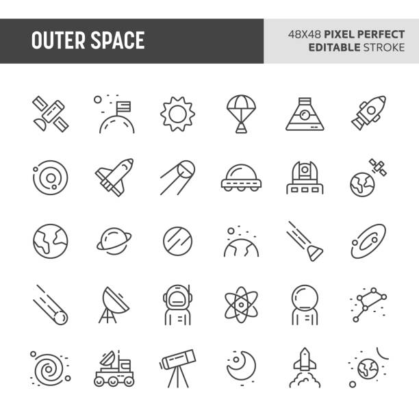Outer Space Vector Icon Set 30 thin line icons associated with outer space with symbols such as planets, galaxies, solar system and space transportation are included in this set. 48x48 pixel perfect vector icon with editable stroke. astronaut icons stock illustrations