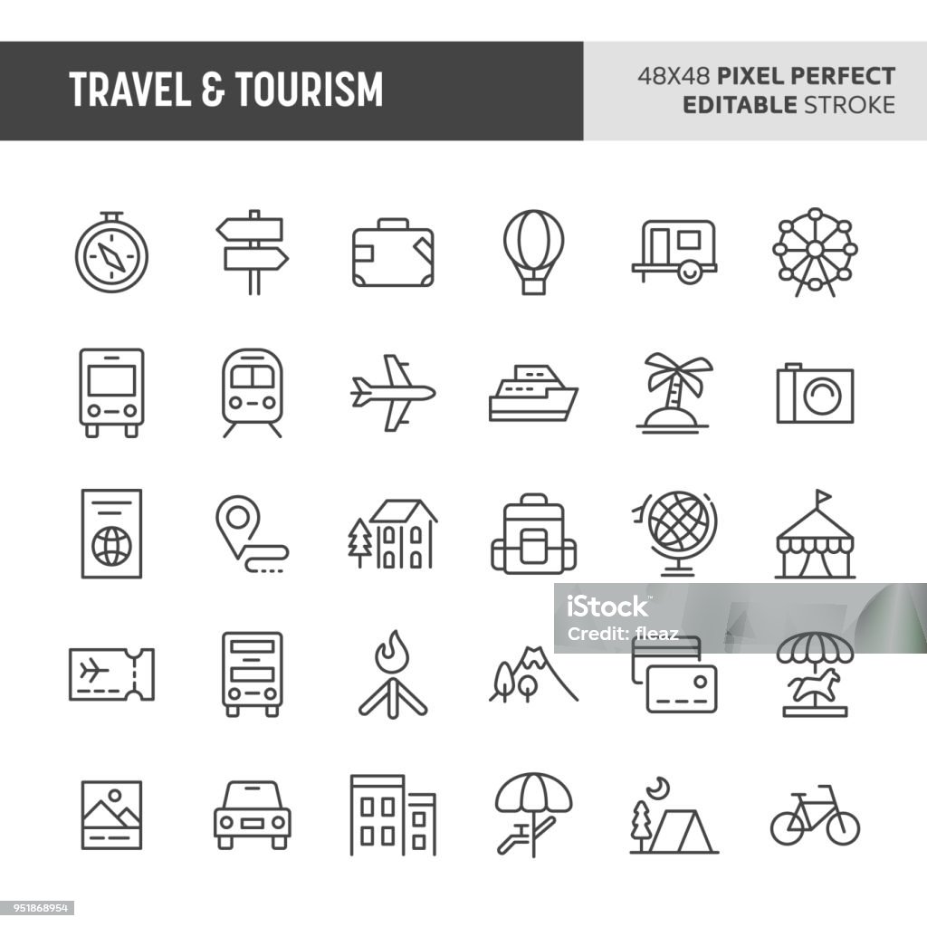 Travel & Tourism Vector Icon Set 30 thin line icons associated with travel and tourism with symbols such as accommodation, transportation and tourism sites are included in this set. 48x48 pixel perfect vector icon with editable stroke. Icon stock vector