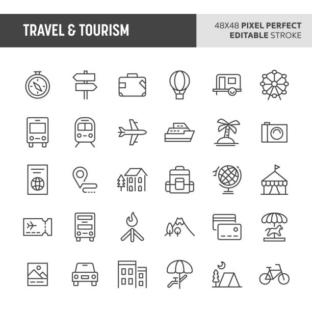 Travel & Tourism Vector Icon Set 30 thin line icons associated with travel and tourism with symbols such as accommodation, transportation and tourism sites are included in this set. 48x48 pixel perfect vector icon with editable stroke. hot air balloon photos stock illustrations