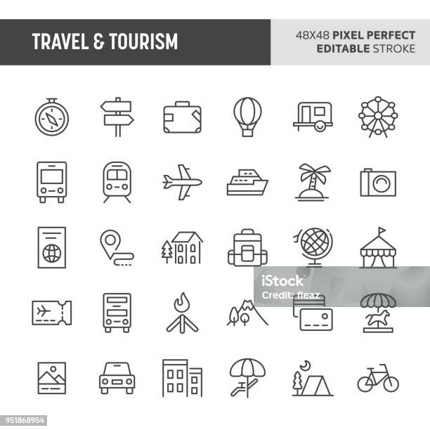 Travel Tourism Vector Icon Set Stock Illustration - Download Image Now - Icon, Line Icon, Travel