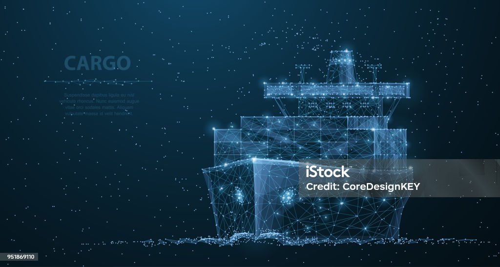 Världsomspännande lastfartyg. Polygonal wireframe mesh konst. Transport, logistik, sjöfart koncept illustration eller bakgrund - Royaltyfri Frakttransport vektorgrafik