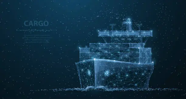 Vector illustration of Worldwide cargo ship. Polygonal wireframe mesh art. Transportation, logistic, shipping concept illustration or background