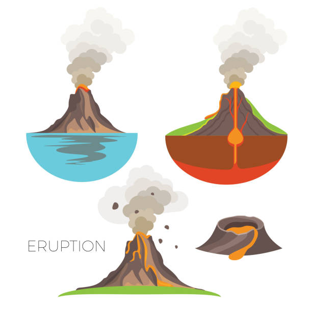 ilustraciones, imágenes clip art, dibujos animados e iconos de stock de erupción de volcán con lava caliente y el humo oscuro - volcán