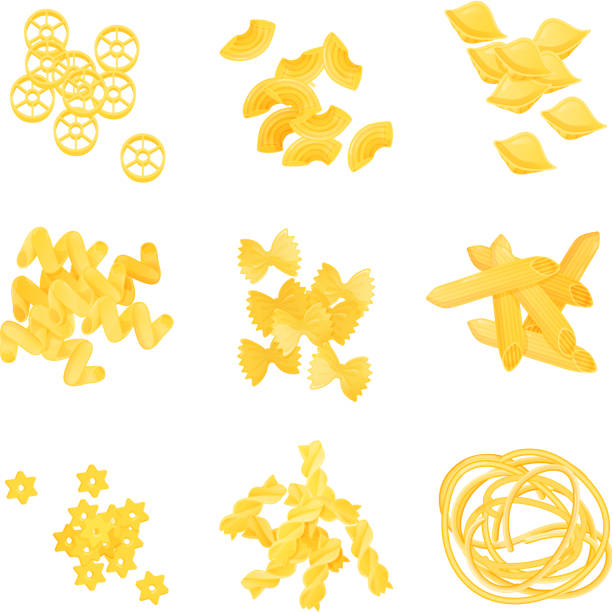 illustrazioni stock, clip art, cartoni animati e icone di tendenza di maccheroni in diverse varianti. set di diversi tipi di maccheroni isolati su sfondo bianco. aspetto naturale - cannelloni