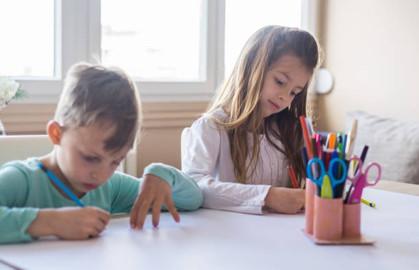 istock Brother and sister sitting and drawing at home 951871188