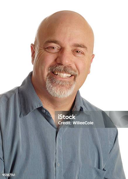Portrait Of Happy Bald Man Stock Photo - Download Image Now - Adult, Adults Only, Blue