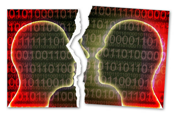 istock Fight against cybernetic crime - concept image with a ripped photo of a human head with binary code on the background 951873644