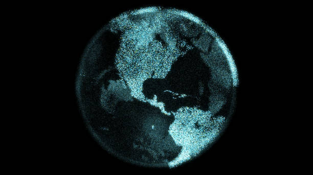 istock Futuristic particle digital earth spins with bright continents made from pixels 951874164