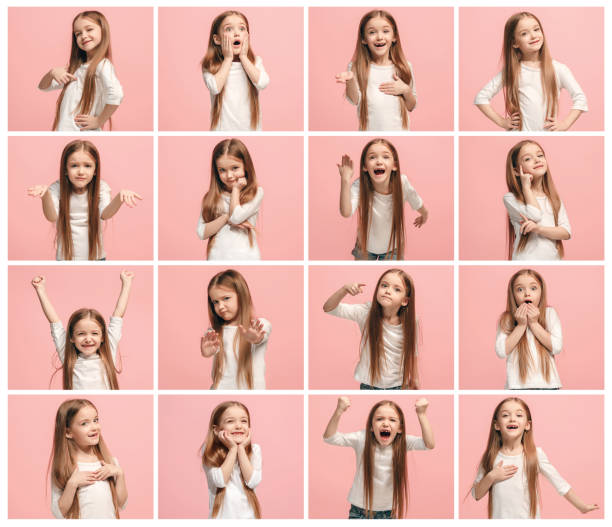 il collage di diverse espressioni facciali umane, emozioni e sentimenti di una giovane ragazza adolescente - child little girls surprise awe foto e immagini stock