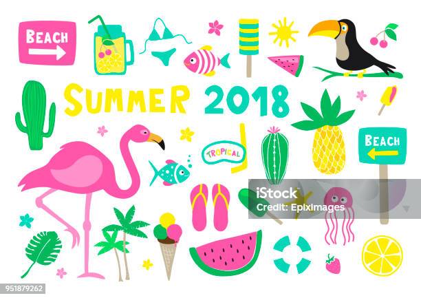 Summer 2018 Colorful Vector Collection Set On White Background Stock Illustration - Download Image Now