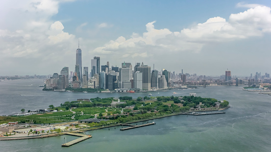 Aerial shot of the Governors Island and Manhattan on a nice sunny day. Shot in New York, USA.