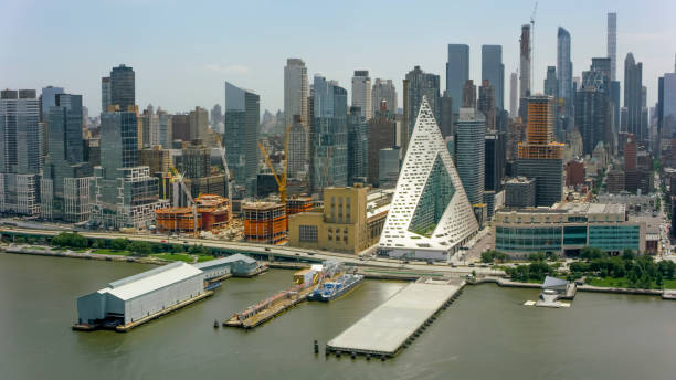 Aerial shot of the VIA 57 West building and its surrounding in Midtown Manhattan viewed from the waterfront. Shot in NY, USA.