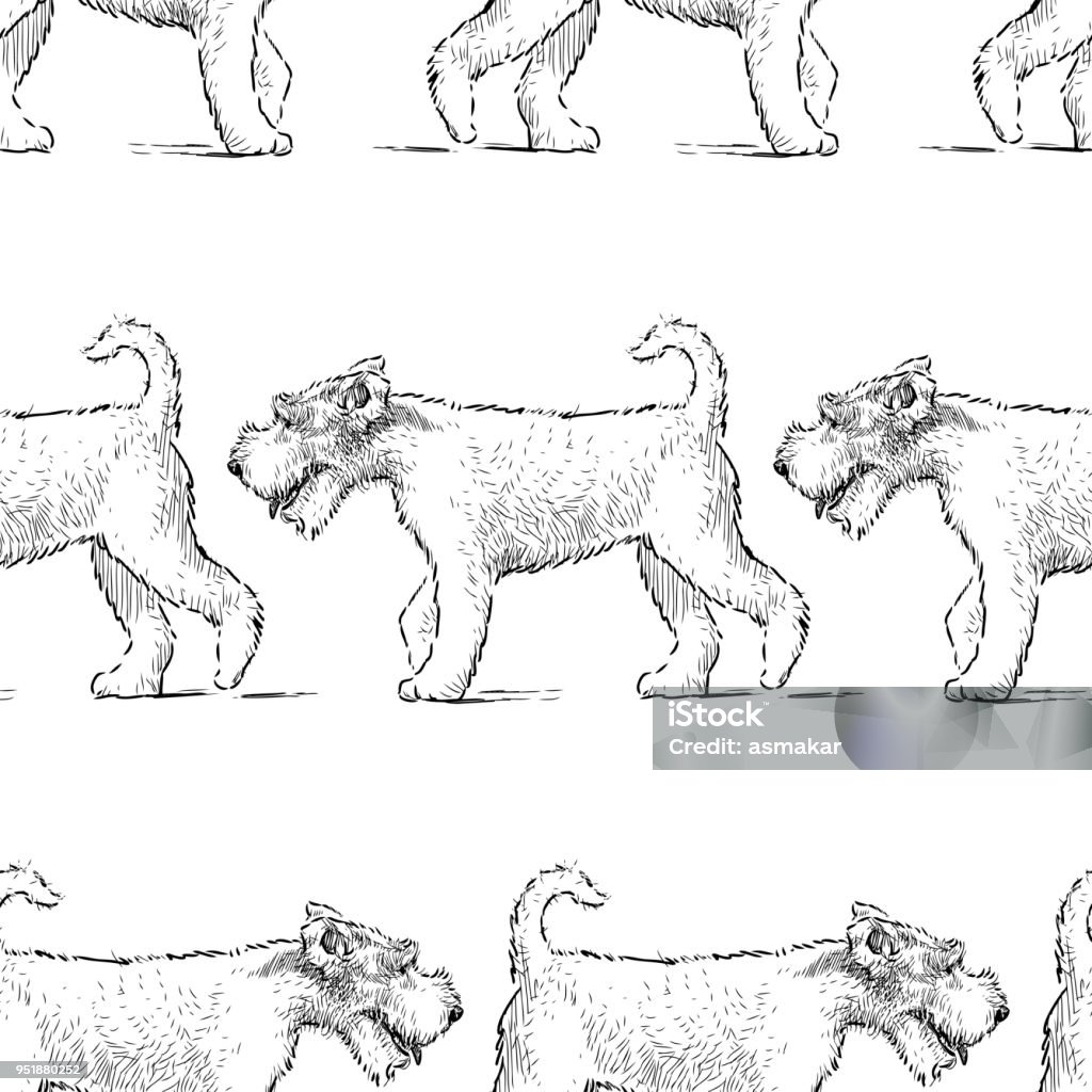 Pattern of the terriers on a walk Seamless background of the strolling airedale terriers. Dog stock vector