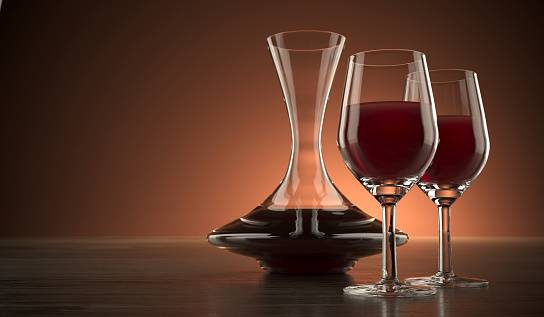 3D Rendering Of Glass Decanter And Two Glasses Of Wine On Wooden Surface And Dark Background 3D Illustration